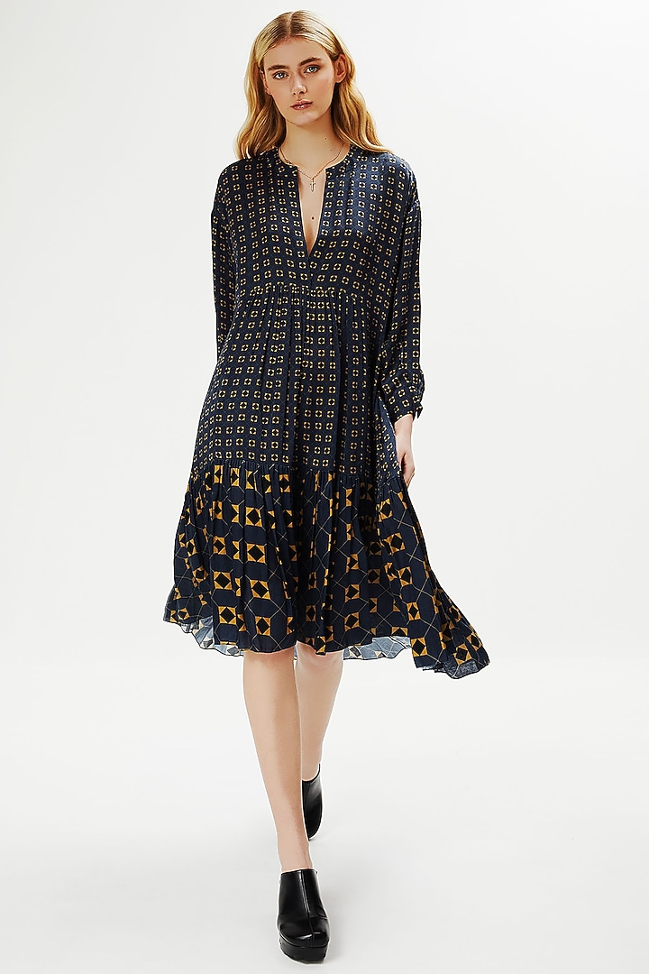 French Navy Blue Modal Satin High-Low Vacation Dress by Falguni Shane Peacock at Pernia's Pop Up Shop