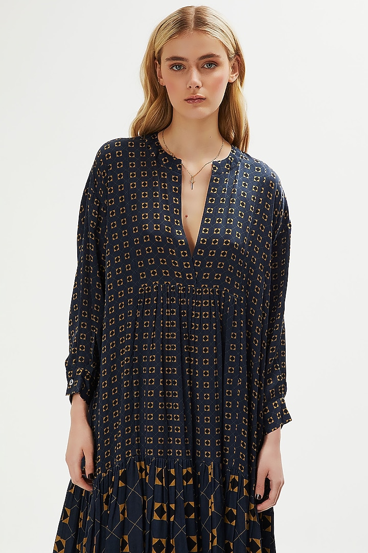 French Navy Blue Modal Satin High-Low Vacation Dress by Falguni Shane Peacock at Pernia's Pop Up Shop