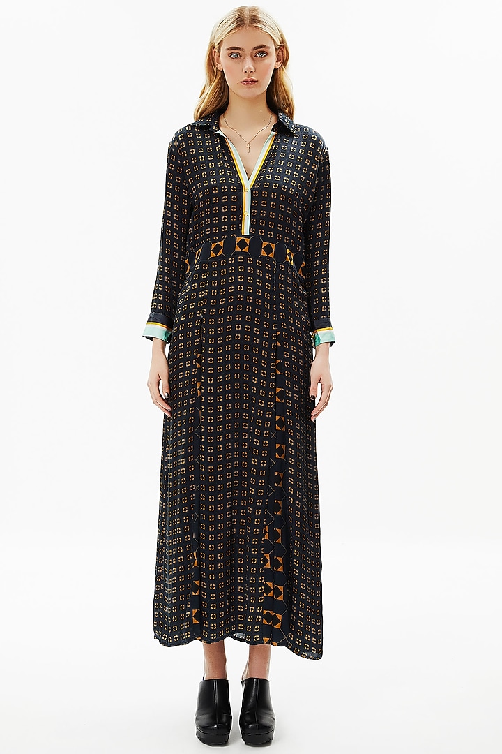 French Navy Blue Modal Satin Cocktail Shirt Dress by Falguni Shane Peacock at Pernia's Pop Up Shop