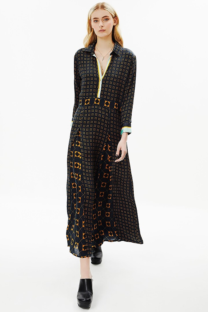 French Navy Blue Modal Satin Cocktail Shirt Dress by Falguni Shane Peacock at Pernia's Pop Up Shop
