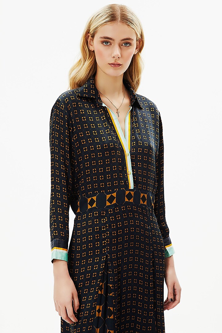French Navy Blue Modal Satin Cocktail Shirt Dress by Falguni Shane Peacock at Pernia's Pop Up Shop