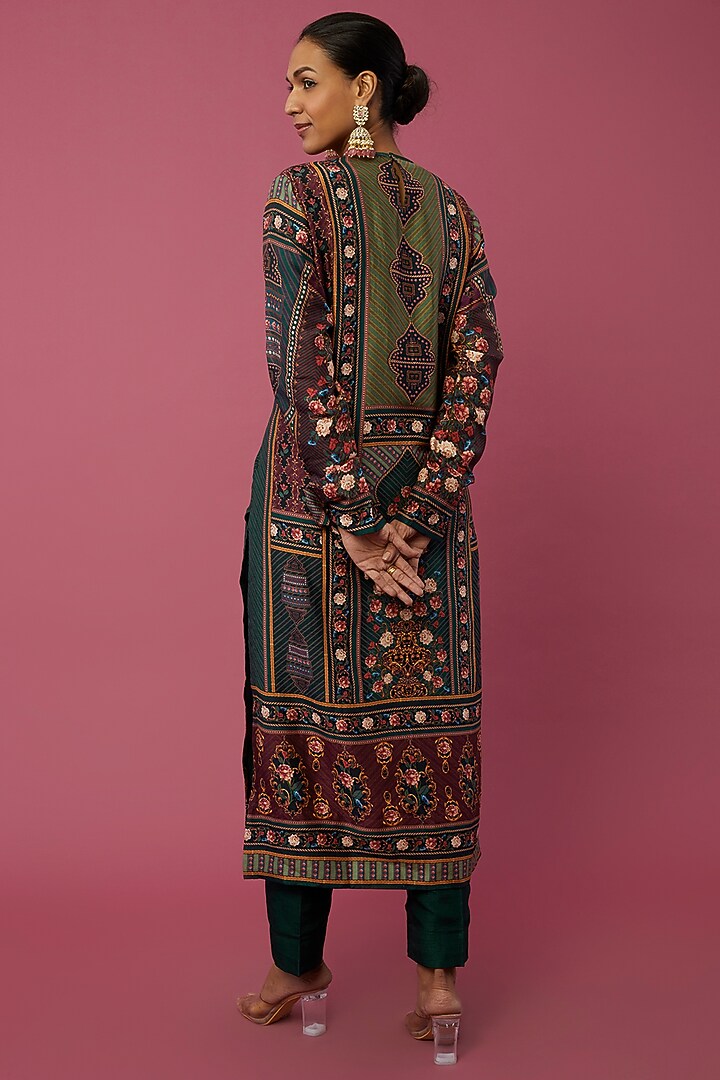 Teal Blue Dupion Silk Printed Kurta Set by Falguni Shane Peacock India at Pernia's Pop Up Shop