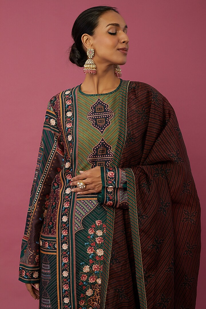 Teal Blue Dupion Silk Printed Kurta Set by Falguni Shane Peacock India at Pernia's Pop Up Shop