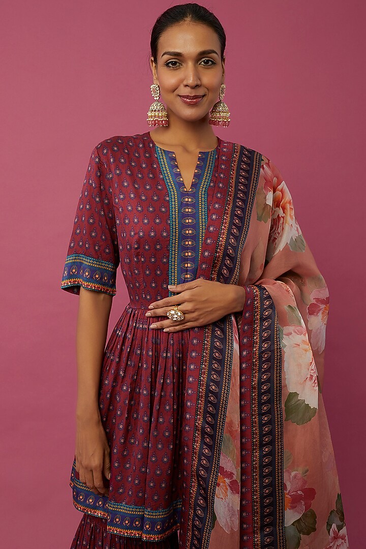 Magenta Dupion Silk Printed Wedding Sharara Set by Falguni Shane Peacock India at Pernia's Pop Up Shop