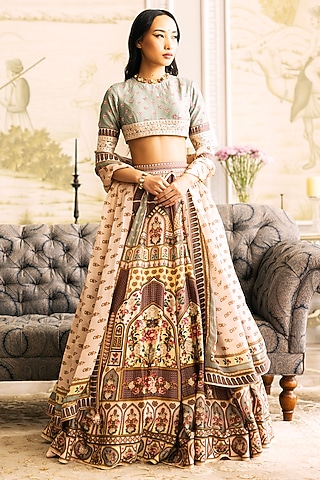 Multi-Colored Dupion Silk Floral Motif Printed Lehenga Set by Falguni Shane Peacock