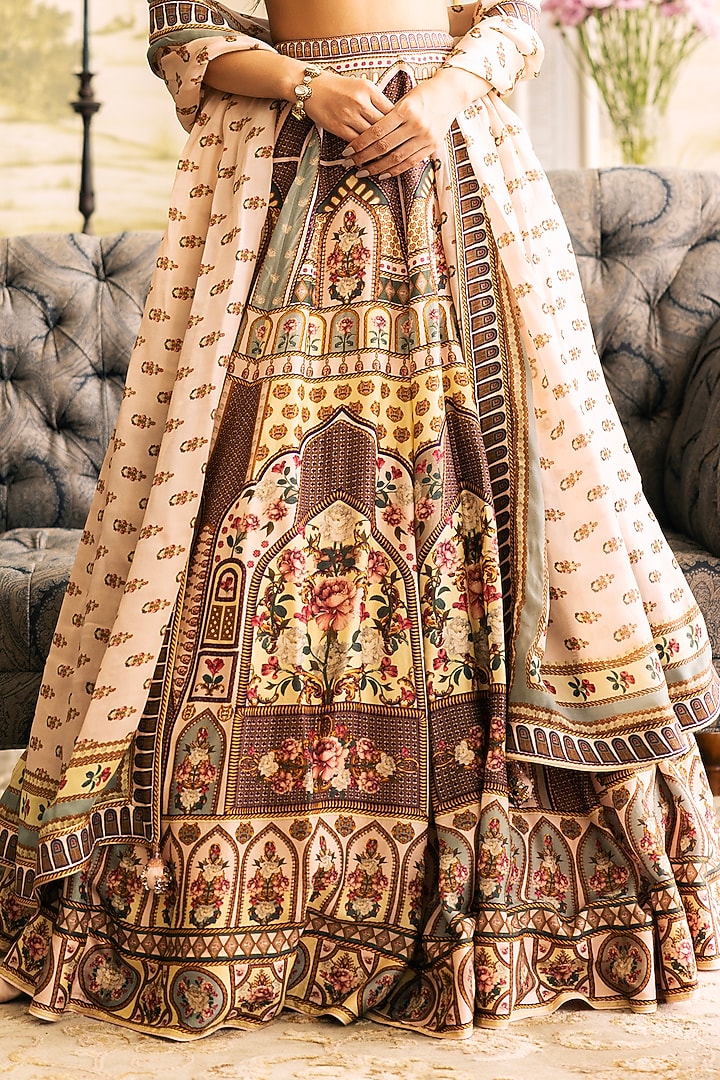 Multi-Colored Dupion Silk Floral Motif Printed Bridal Lehenga Set by Falguni Shane Peacock at Pernia's Pop Up Shop