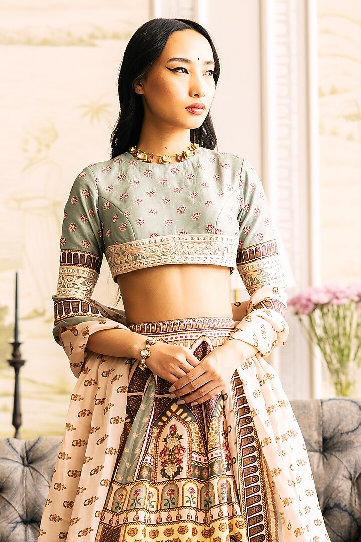 Multi-Colored Dupion Silk Floral Motif Printed Bridal Lehenga Set by Falguni Shane Peacock at Pernia's Pop Up Shop