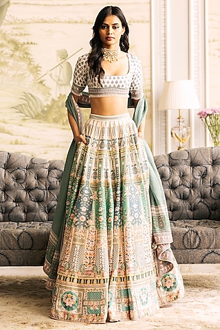 Multi-Colored Dupion Silk Floral Motif Printed Lehenga Set by Falguni Shane Peacock
