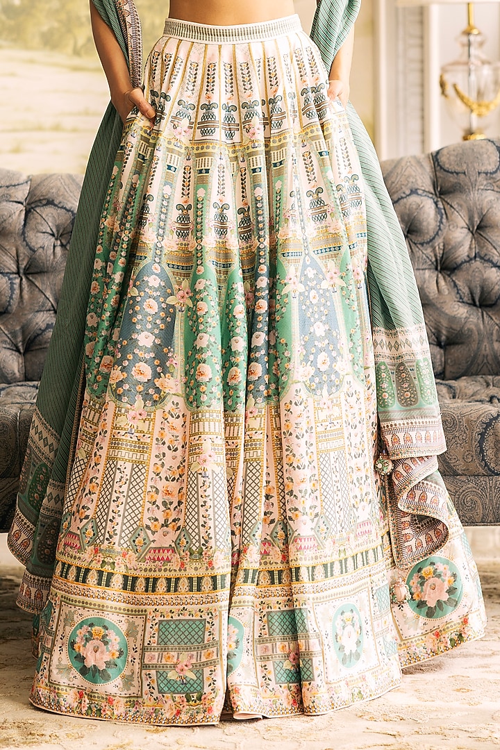 Multi-Colored Dupion Silk Floral Motif Printed Bridal Lehenga Set by Falguni Shane Peacock at Pernia's Pop Up Shop