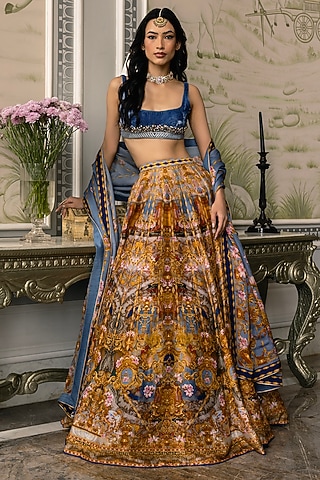 Multi-Colored Dupion Silk Floral Motif Printed Lehenga Set by Falguni Shane Peacock
