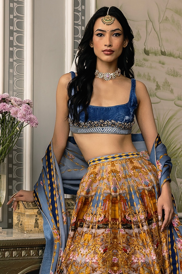 Multi-Colored Dupion Silk Floral Motif Printed Bridal Lehenga Set by Falguni Shane Peacock at Pernia's Pop Up Shop