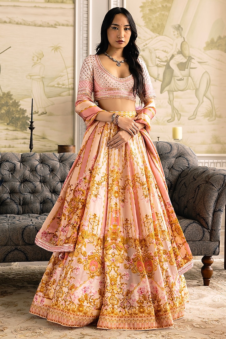 Cream Pink & Gold Dupion Silk Floral Motif Printed Bridal Lehenga Set by Falguni Shane Peacock at Pernia's Pop Up Shop