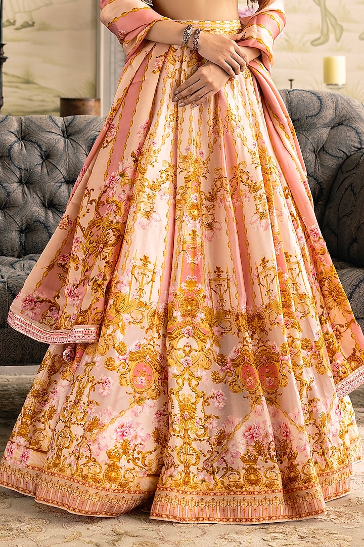 Cream Pink & Gold Dupion Silk Floral Motif Printed Bridal Lehenga Set by Falguni Shane Peacock at Pernia's Pop Up Shop