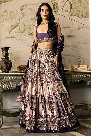 Multi-Colored Dupion Silk Baroque & Floral Motif Printed Lehenga Set by Falguni Shane Peacock