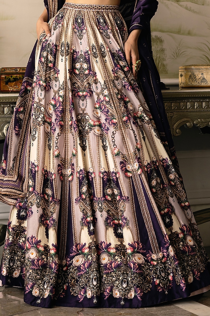 Multi-Colored Dupion Silk Baroque & Floral Motif Printed Bridal Lehenga Set by Falguni Shane Peacock at Pernia's Pop Up Shop