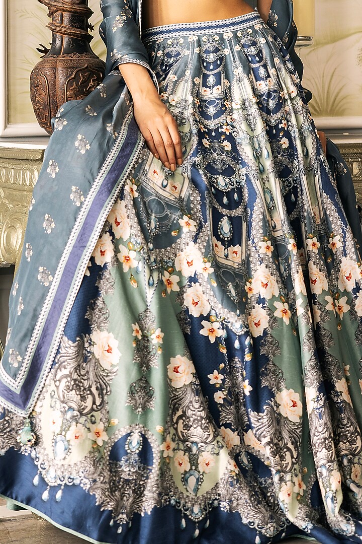 Multi-Colored Dupion Silk Baroque & Floral Motif Printed Wedding Lehenga Set by Falguni Shane Peacock at Pernia's Pop Up Shop