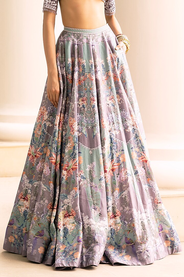Multi-Colored Dupion Silk Floral Motif Printed Bridal Lehenga Set by Falguni Shane Peacock at Pernia's Pop Up Shop
