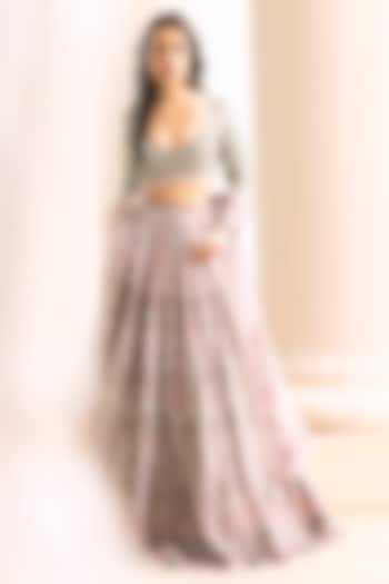 Multi-Colored Dupion Silk Geometrcial & Floral Motif Printed Bridal Lehenga Set by Falguni Shane Peacock at Pernia's Pop Up Shop