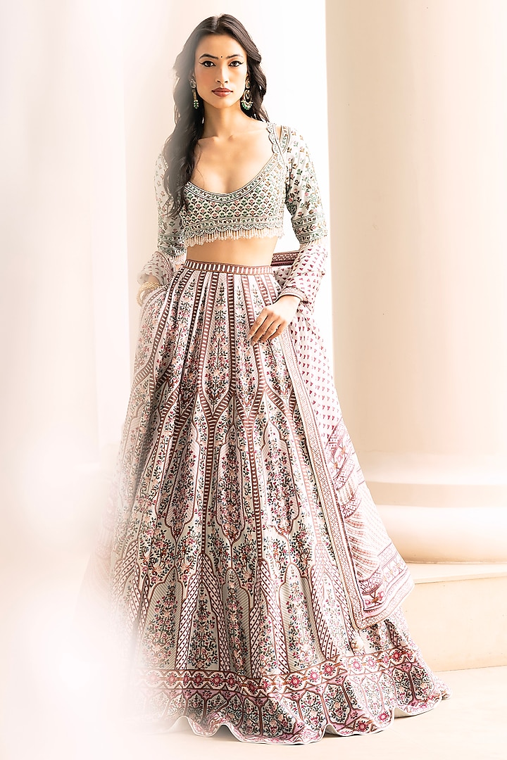 Multi-Colored Dupion Silk Geometrcial & Floral Motif Printed Bridal Lehenga Set by Falguni Shane Peacock at Pernia's Pop Up Shop