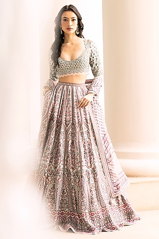 Multi-Colored Dupion Silk Geometrcial & Floral Motif Printed Lehenga Set by Falguni Shane Peacock
