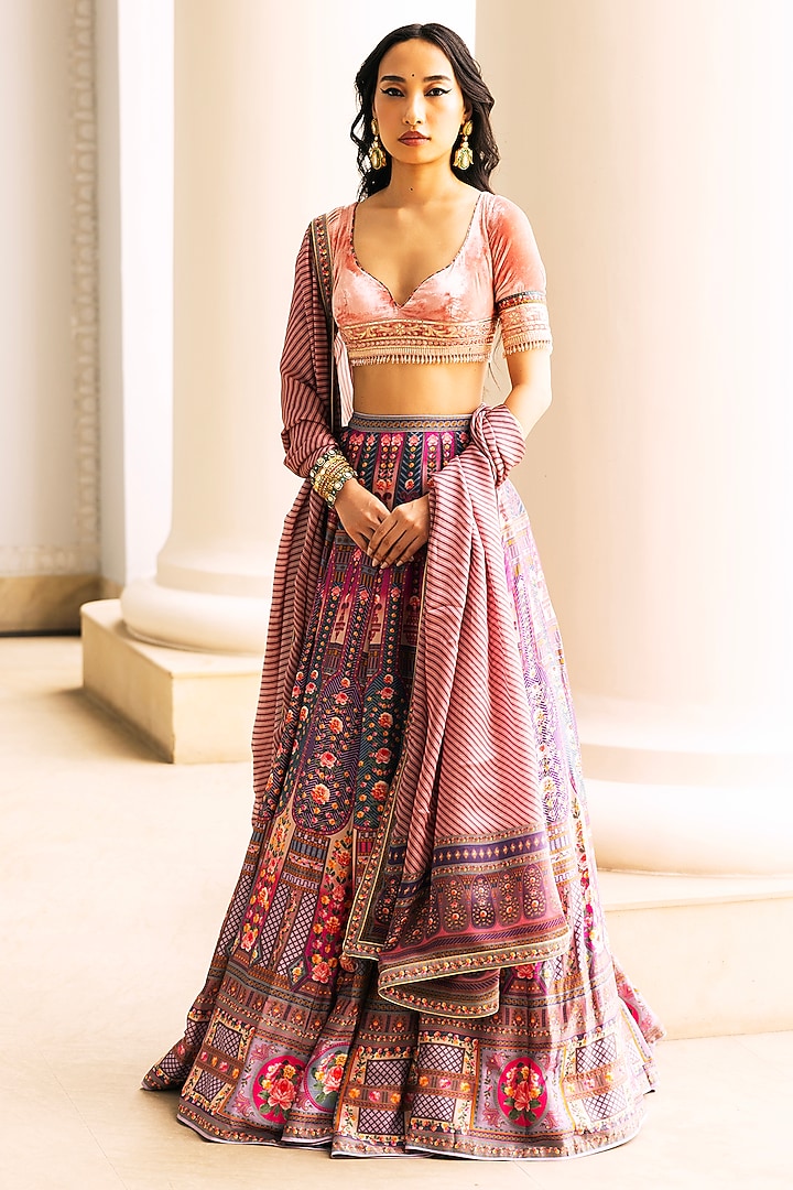Multi-Colored Dupion Silk Floral Motif Printed Bridal Lehenga Set by Falguni Shane Peacock at Pernia's Pop Up Shop