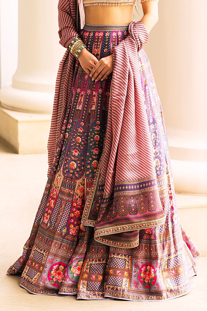Multi-Colored Dupion Silk Floral Motif Printed Bridal Lehenga Set by Falguni Shane Peacock at Pernia's Pop Up Shop