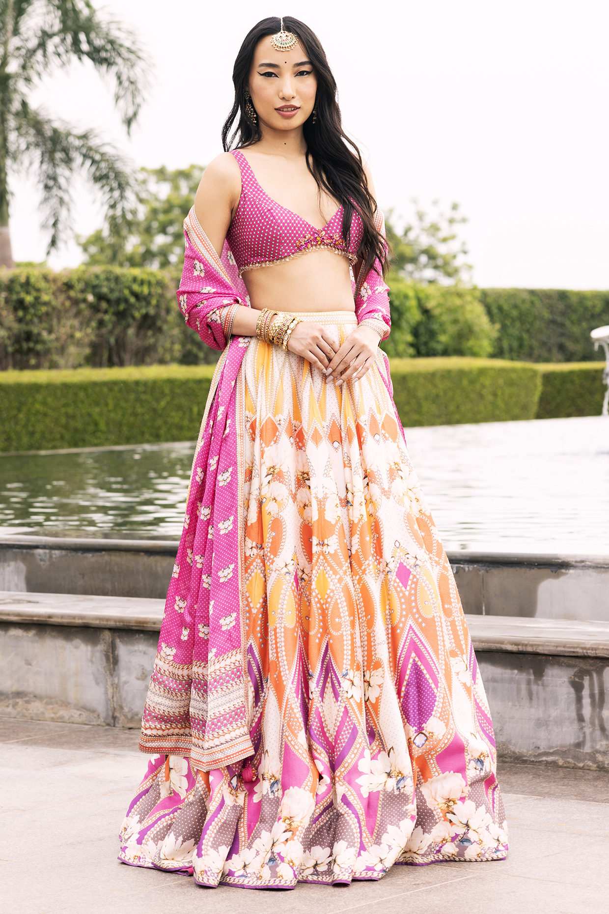 Multi-Colored Dupion Silk Floral Motif Printed Wedding Lehenga Set by Falguni Shane Peacock at Pernia's Pop Up Shop