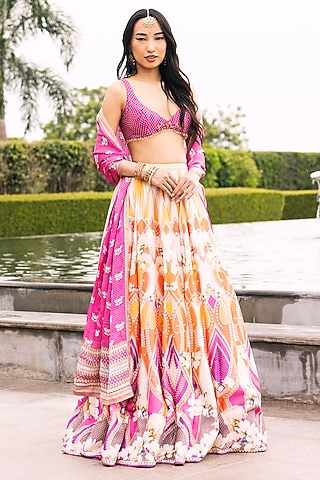 Multi-Colored Dupion Silk Floral Motif Printed Lehenga Set by Falguni Shane Peacock
