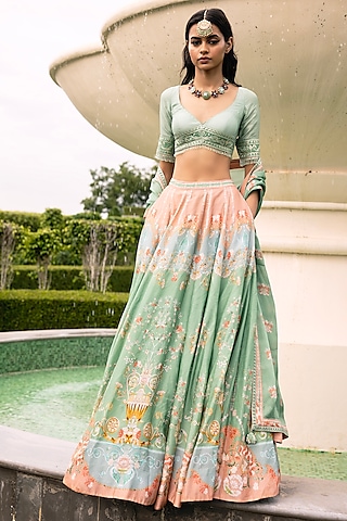 Mint Green Dupion Silk Floral Motif Printed Lehenga Set by Falguni Shane Peacock