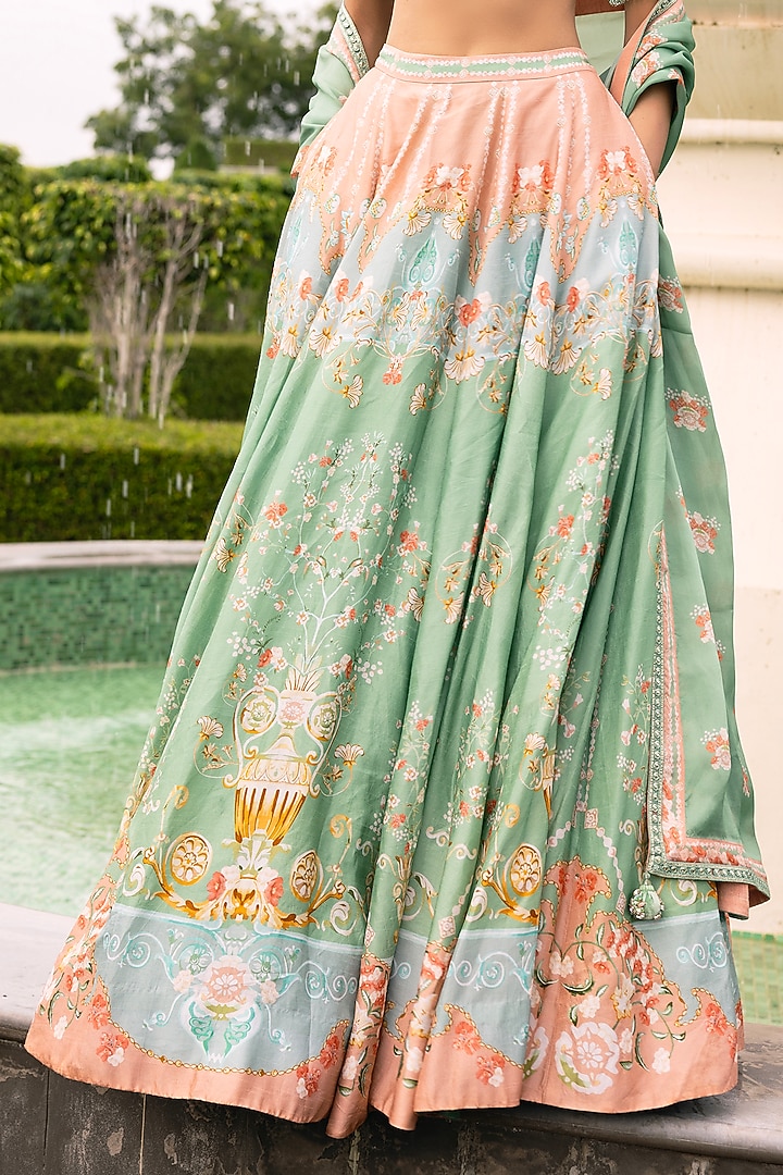 Mint Green Dupion Silk Floral Motif Printed Wedding Lehenga Set by Falguni Shane Peacock at Pernia's Pop Up Shop
