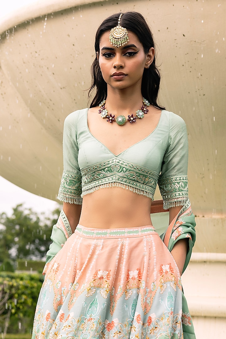 Mint Green Dupion Silk Floral Motif Printed Wedding Lehenga Set by Falguni Shane Peacock at Pernia's Pop Up Shop