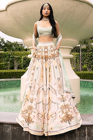 Ivory & Gold Dupion Silk Floral Motif Printed Lehenga Set by Falguni Shane Peacock