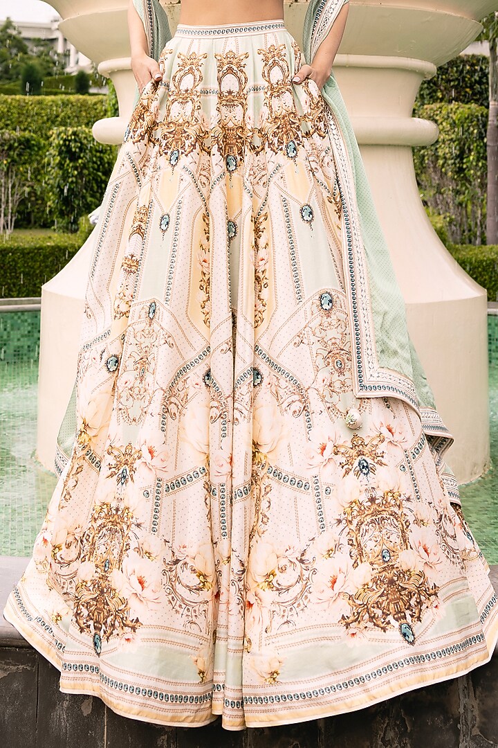 Ivory & Gold Dupion Silk Floral Motif Printed Bridal Lehenga Set by Falguni Shane Peacock at Pernia's Pop Up Shop