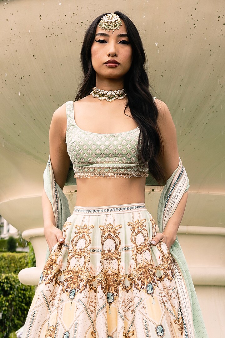 Ivory & Gold Dupion Silk Floral Motif Printed Bridal Lehenga Set by Falguni Shane Peacock at Pernia's Pop Up Shop