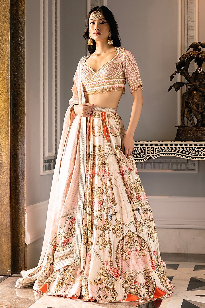 Multi-Colored Dupion Silk Floral Motif Printed Bridal Lehenga Set by Falguni Shane Peacock at Pernia's Pop Up Shop