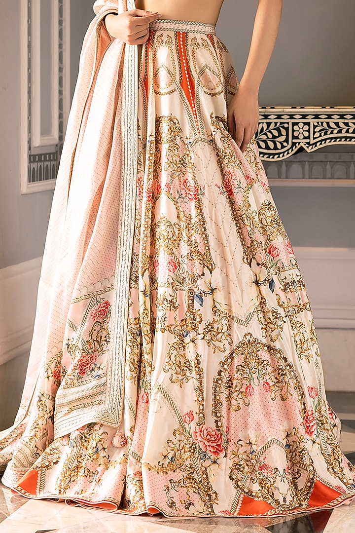 Multi-Colored Dupion Silk Floral Motif Printed Bridal Lehenga Set by Falguni Shane Peacock at Pernia's Pop Up Shop