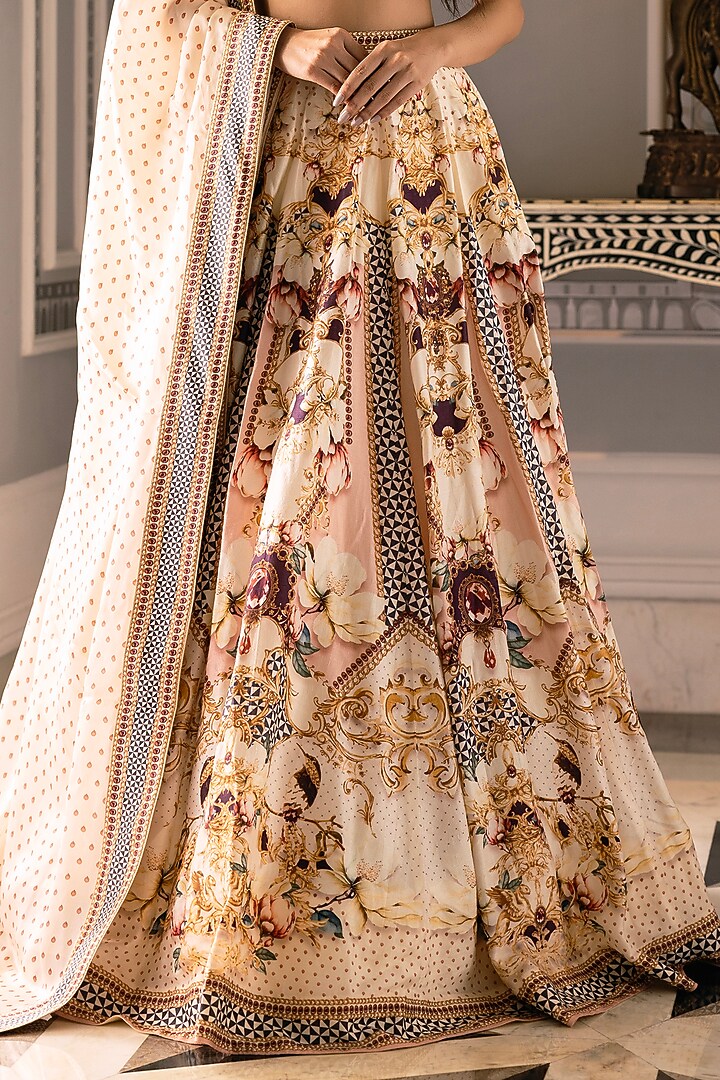 Multi-Colored Dupion Silk Floral Motif Printed Bridal Lehenga Set by Falguni Shane Peacock at Pernia's Pop Up Shop
