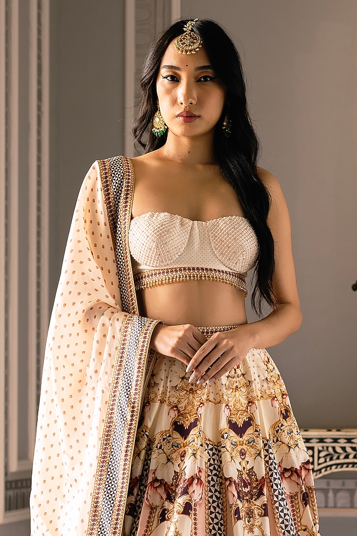 Multi-Colored Dupion Silk Floral Motif Printed Bridal Lehenga Set by Falguni Shane Peacock at Pernia's Pop Up Shop