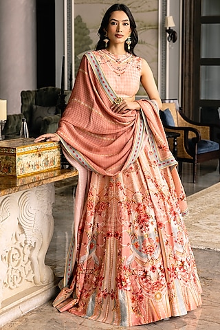 Multi-Colored Dupion Silk Floral Motif Printed Lehenga Set by Falguni Shane Peacock