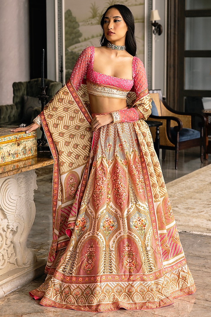 Multi-Colored Dupion Silk Floral Motif Printed Bridal Lehenga Set by Falguni Shane Peacock at Pernia's Pop Up Shop