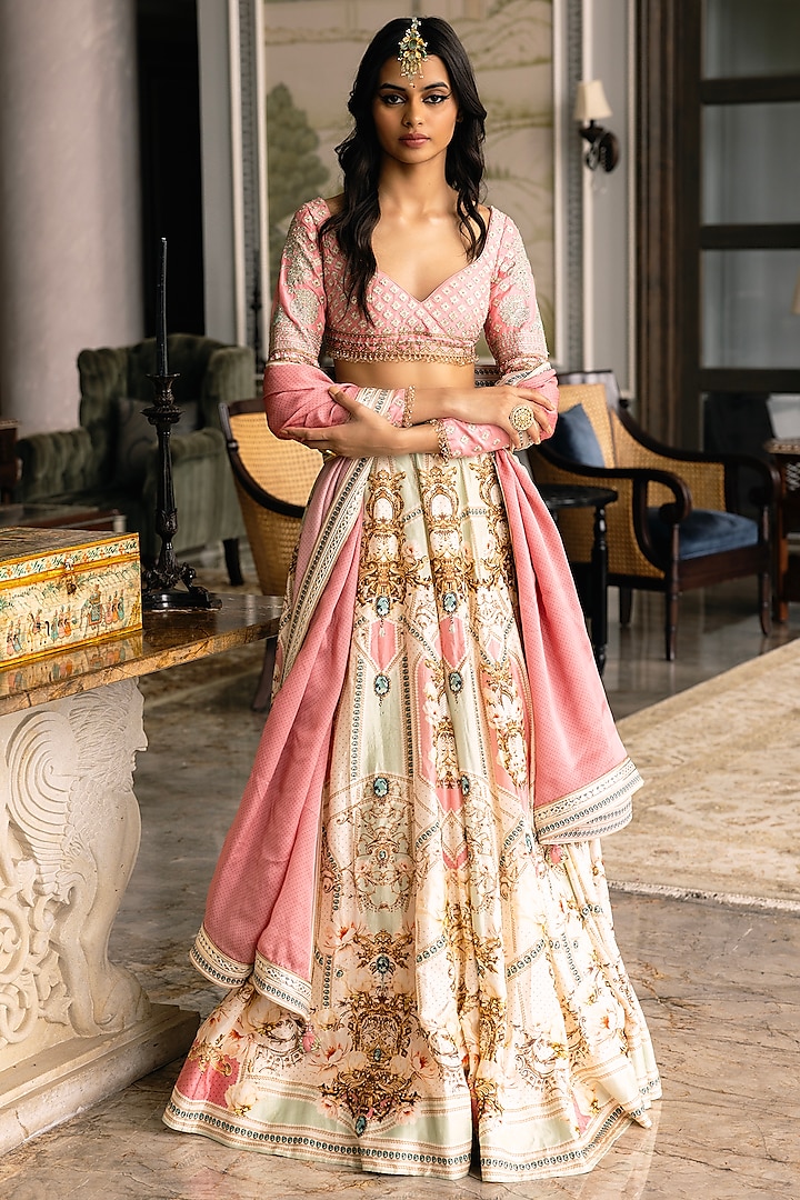 Multi-Colored Dupion Silk Floral Motif Printed Bridal Lehenga Set by Falguni Shane Peacock at Pernia's Pop Up Shop