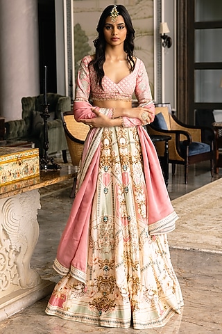 Multi-Colored Dupion Silk Floral Motif Printed Lehenga Set by Falguni Shane Peacock