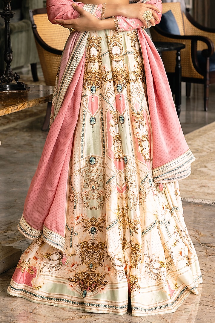 Multi-Colored Dupion Silk Floral Motif Printed Bridal Lehenga Set by Falguni Shane Peacock at Pernia's Pop Up Shop