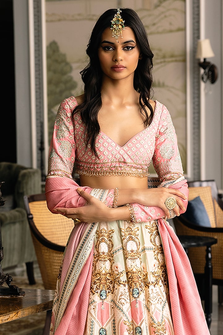 Multi-Colored Dupion Silk Floral Motif Printed Bridal Lehenga Set by Falguni Shane Peacock at Pernia's Pop Up Shop
