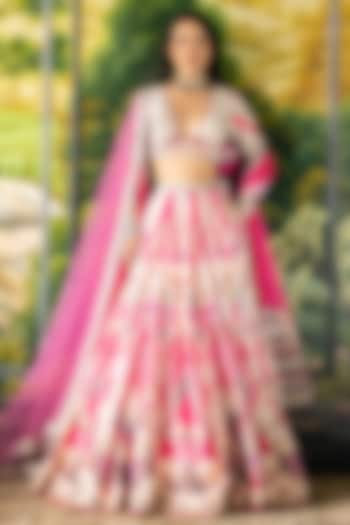 Ivory & Pink Dupion Silk Floral Motif Printed Bridal Lehenga Set by Falguni Shane Peacock at Pernia's Pop Up Shop