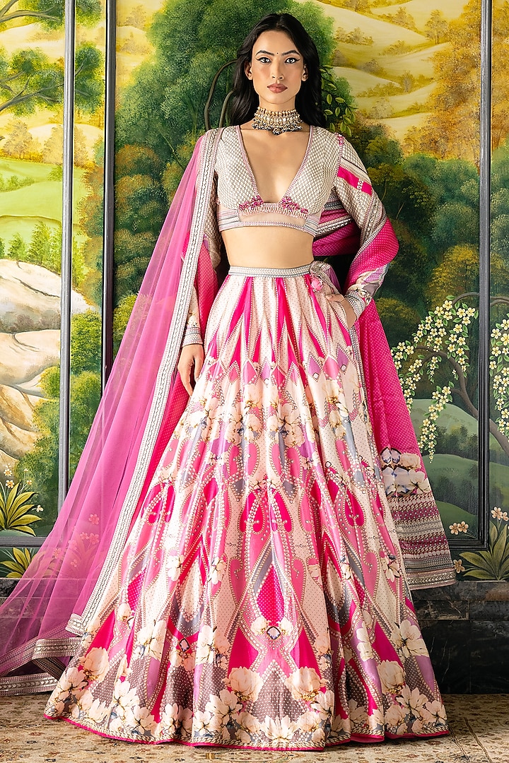 Ivory & Pink Dupion Silk Floral Motif Printed Bridal Lehenga Set by Falguni Shane Peacock at Pernia's Pop Up Shop