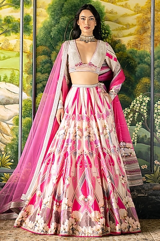 Ivory & Pink Dupion Silk Floral Motif Printed Lehenga Set by Falguni Shane Peacock