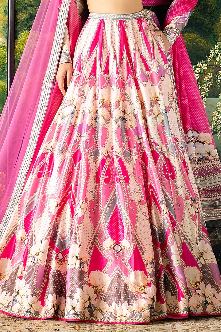 Ivory & Pink Dupion Silk Floral Motif Printed Bridal Lehenga Set by Falguni Shane Peacock at Pernia's Pop Up Shop