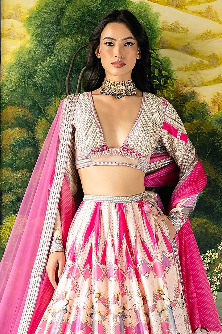 Ivory & Pink Dupion Silk Floral Motif Printed Bridal Lehenga Set by Falguni Shane Peacock at Pernia's Pop Up Shop