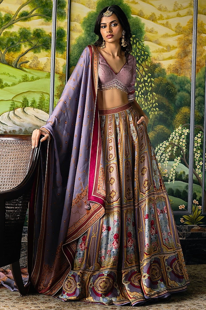 Multi-Colored Dupion Silk Floral Motif Printed Bridal Lehenga Set by Falguni Shane Peacock at Pernia's Pop Up Shop